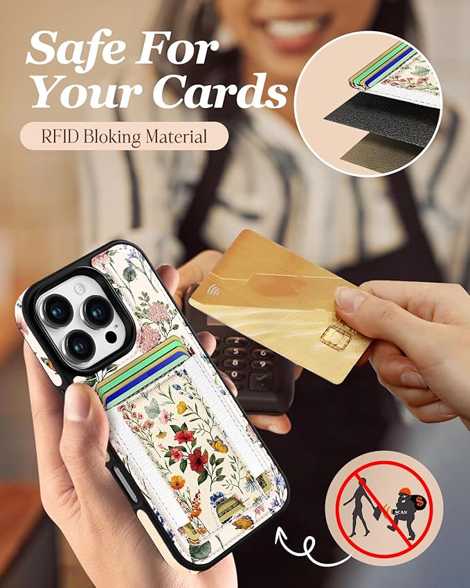 Shorogyt for iPhone 16 Pro Max Case Wallet - Fits 5 Cards, Compatible with Magsafe Detachable Magnetic Credit Card Holder Leather Cardholder Cute Phone Cover Women Girls for Apple 16 ProMax, Floral