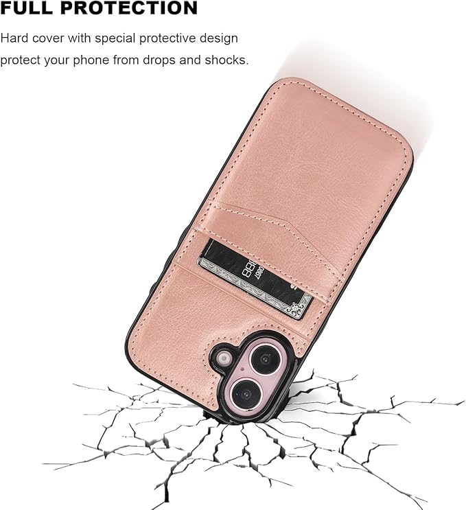 KIHUWEY for iPhone 16 Case Wallet Compatible with MagSafe Wireless Charging, Credit Card Holder, RFID Flip Leather Magnetic Clasp Kickstand Heavy Duty Protective Cover 6.1 Inch (Rose Gold)