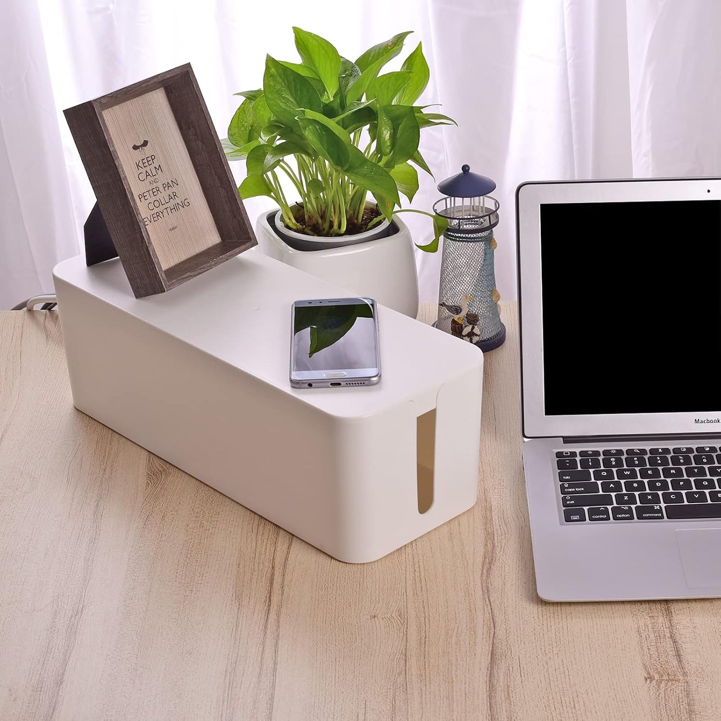 Cable Management Box Set of 3 — Power Strip Organizer with Cable Clips, White