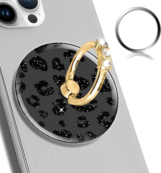 Magnetic Phone Ring Holder Compatible with MagSafe, Cute Phone Grip Stand with 360° Rotation Gold Glitter Finger Ring Kickstand Accessories for Most Phones Glitter Black Leopard