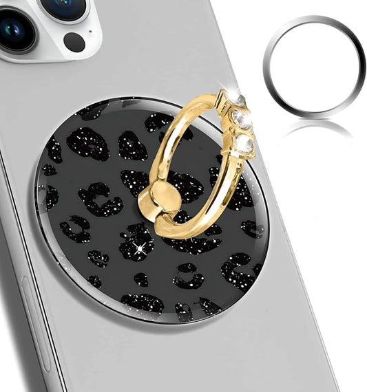Magnetic Phone Ring Holder Compatible with MagSafe, Cute Phone Grip Stand with 360° Rotation Gold Glitter Finger Ring Kickstand Accessories for Most Phones Glitter Black Leopard