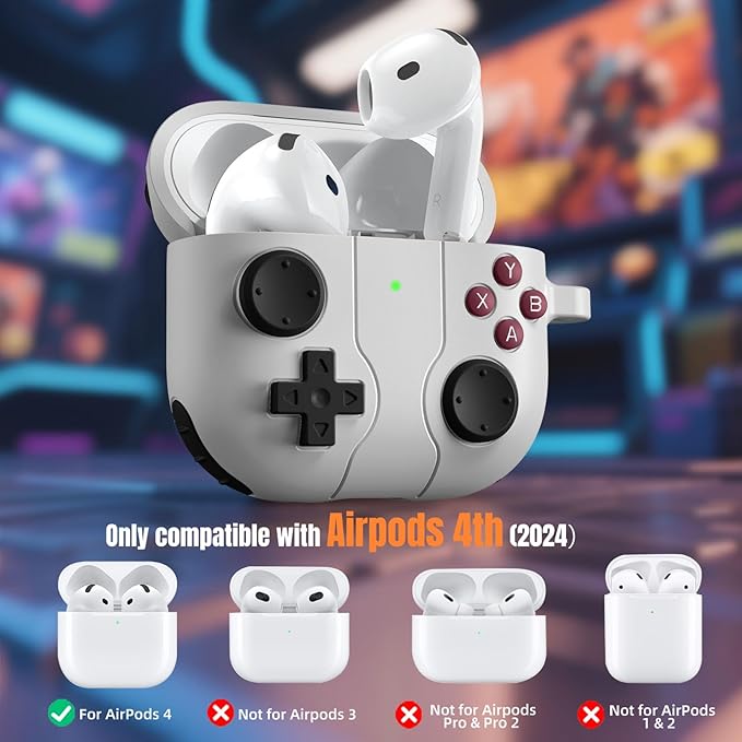 for AirPods 4 2024 Case Cover with Cleaner Kit, Keychain, Compatible with Apple Airpods 4 Case Cover, Cute Funny Game Console Shock-Proof Protective Silicone AirPod 4 Case Covers for Women Girl-Gray