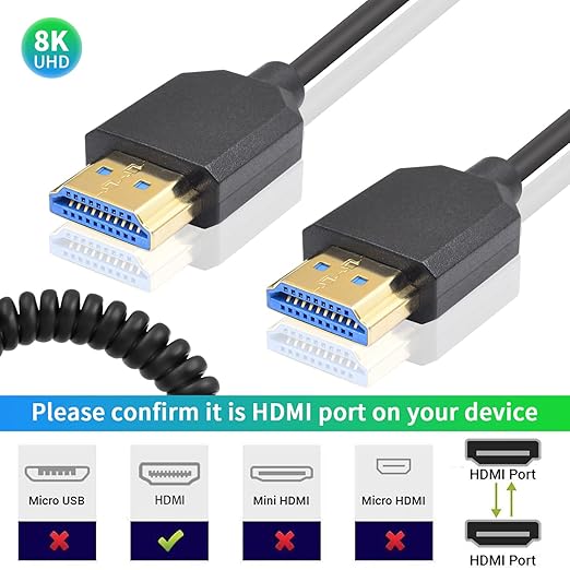 Duttek 8K HDMI Coiled Cable 1 FT-4 FT, 48Gbps Short HDMI Cable Male to Male with 8K@60Hz, 4K@240Hz and HDR for ATOMOS Ninja V Sony A7siii Canon C300 C500 Ronin RS2 Monitor Camera, Capture Cards, PS5