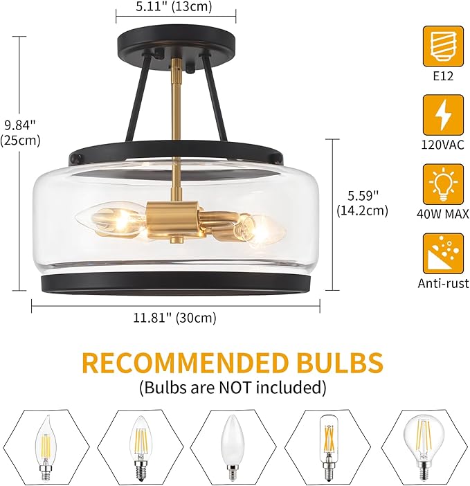 11.81" Black and Brushed Gold Close to Ceiling Light, 3-Light Modern Drum Light Fixtures, Hallway Ceiling Lights, Glass Ceiling Lamp for Entryway Bedroom Laundry Kitchen Dining Room Lighting UL-Listed