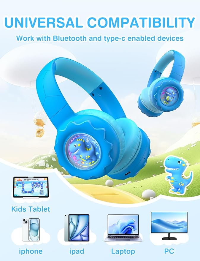 Kids Bluetooth Headphones, Rainbow LED Light, Dinosaur Buddy, 85dB Volume Limited, 60 Hours Playtime, Bluetooth 5.3, USB C, Kids Wireless Headphones for iPad/Tablet/Travel/School, Durable