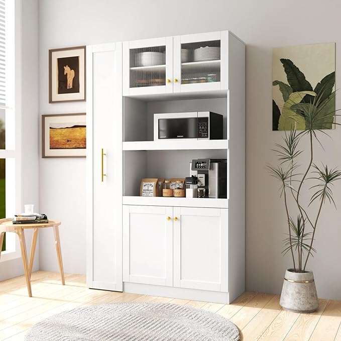 KEIKI 70.87" Tall Kitchen Pantry Storage Cabinet with Pull-Out Multi-Tier Shelf, Countertop, Glass Doors, Microwave Stand, Freestanding Wood Hutch Food Pantries Cupboard for Coffee Bar, Dining Room