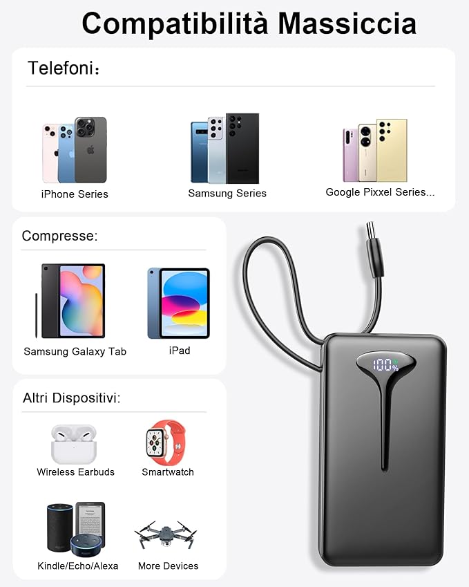 10000mAh Power Bank 22.5W Fast Charging USB-C Built-in Cable HD LED Display for iPhone and Android