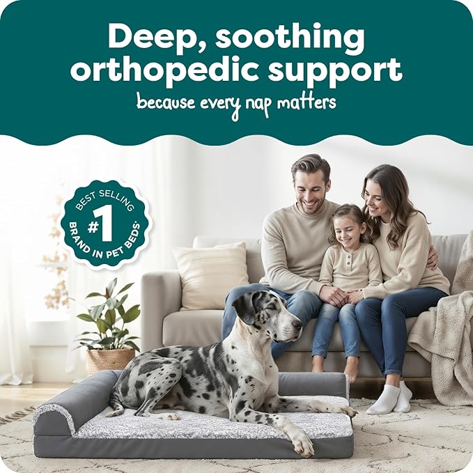 Furhaven Orthopedic Dog Bed for Large Dogs w/ Removable Bolsters & Washable Cover, For Dogs Up to 125 lbs - Two-Tone Plush Faux Fur & Suede L Shaped Chaise - Stone Gray, Jumbo Plus/XXL