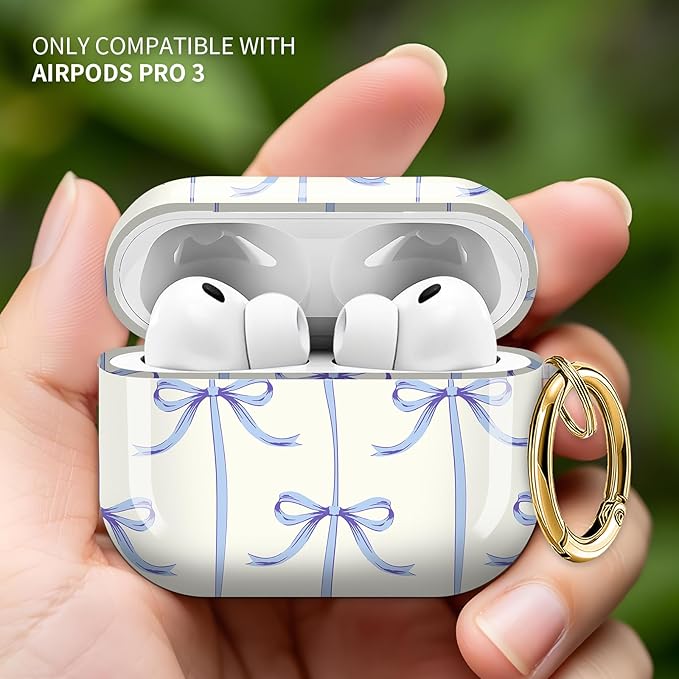 Cute Hard Case Compatible with AirPods Pro 3rd Generation Case (2025), Shockproof Protective Cover with Golden Keychain Ring Clip (Blue Bow)