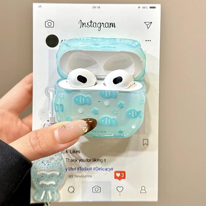 Compatible with AirPods 4 Case Soft TPU with Cleaner Kit Creative Fish Star Keychain Shockproof Cover for Airpods 4th Generation-Water Blue