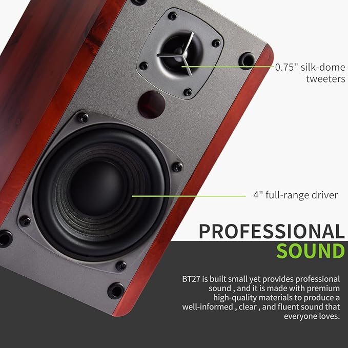 SINGING WOOD BT27 Active Bluetooth Bookshelf Speakers - 60W Powered Studio Monitors, Home Theater Computer Speakers with RCA, Treble/Bass Control, DSP & DRC | HiFi Sound, Wood Grain Finish (Walnut)
