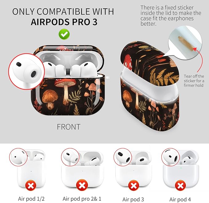 Cute Hard Case Compatible with AirPods Pro 3rd Generation Case (2025), Shockproof Protective Cover with Golden Keychain Ring Clip (Cute Mushroom)
