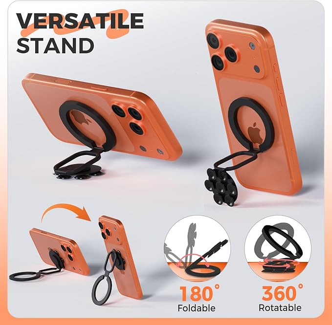 4 in 1 Sticky Phone Grip Holder for Magsafe,Double Sided/Suction Cup Case Mount,Magnetic Phone Stand for iPhone 17/16/15/14/13/12 Pro Max,Vacuum Ring Holder for Kindle/Android/Tiktok Content Creator