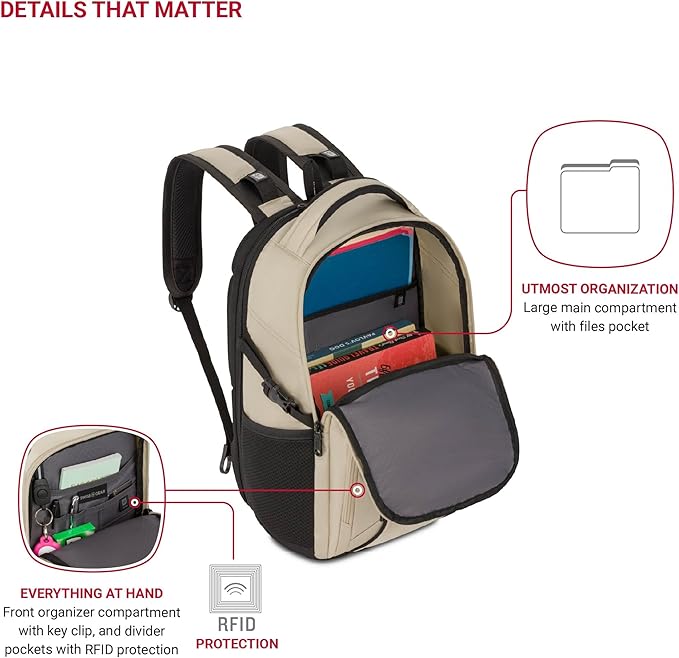 SwissGear 1900 Mini ScanSmart 16-Inch Backpack, Fits Up to 13-Inch Laptop, RFID Protection & ScanSmart TSA-Friendly Compartment, Oatmeal