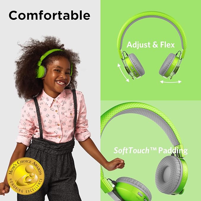 LilGadgets Kids Headphones with Microphone - Green, Ages 4+, On-Ear - Bluetooth Headphones for Kids - Volume-Limited 93dB & SharePort Audio Sharing - SoftTouch Ear Cushions