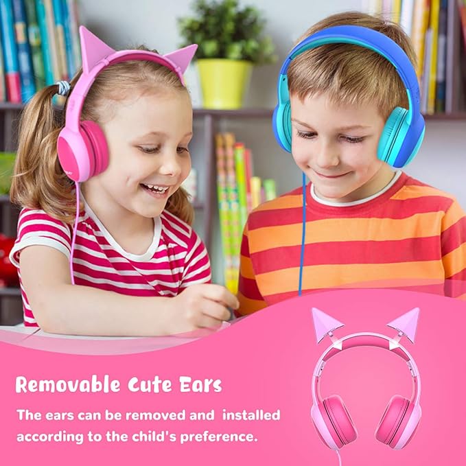 gorsun Kids Headphones with Limited Volume, Cat Ear Toddler Headphones, Wired Headphone Over Ear for Boys and Girls,Stereo Sound Foldable 3.5mm Headset for Children