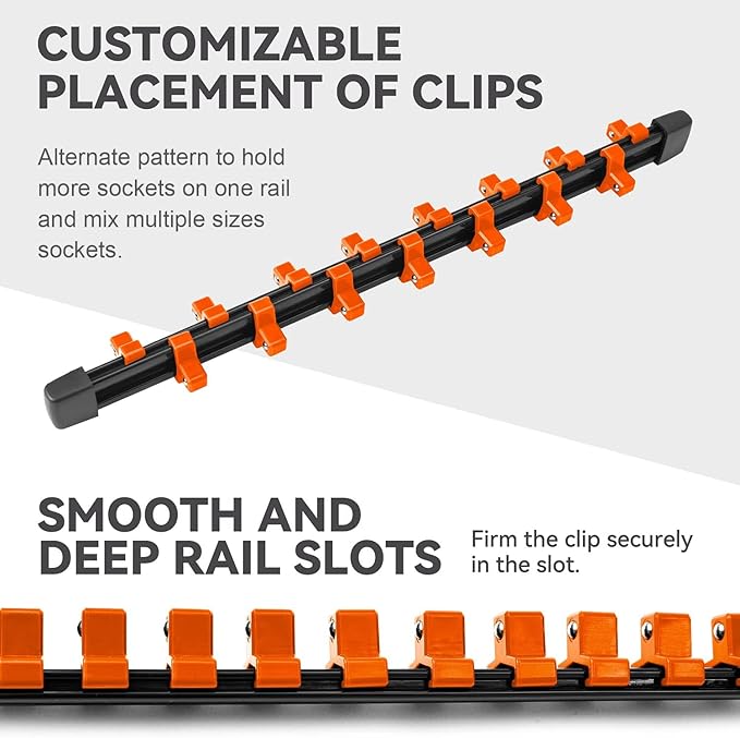 ALOANES 3PC ABS Socket Organizer, Socket Rails Fit 3/8 inch Drive, Heavy Duty Socket Holders Hold up to 45 Sockets, With Black Rails and Orange Clips