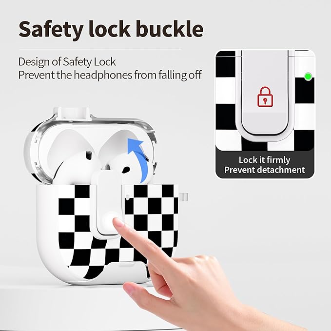 for AirPods 4 Case with Secure Lock Clip in Phone Stand,Floral Girly Style Protective Cover with Cleaning Kit and Hand Strap for Apple AirPod 4 Generation (Black White Squares)