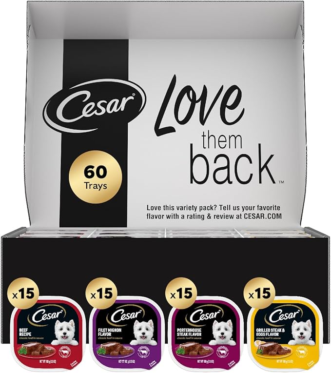 Cesar Wet Dog Food Classic Loaf in Sauce, Filet Mignon Flavor, Porterhouse Steak Flavor, Grilled Steak & Eggs Flavor, and Beef Flavor, 3.5 oz. Easy Peel Trays, Variety Pack, 60 Count (Pack of 1)