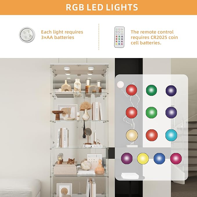 LFT HUIMEI2Y Glass Display Cabinet 5-Shelf with LED Light, Mirror and Lock, 2 Door Curio Cabinets, Tempered Glass Collection Display Showcase for Bedroom, Living Room White