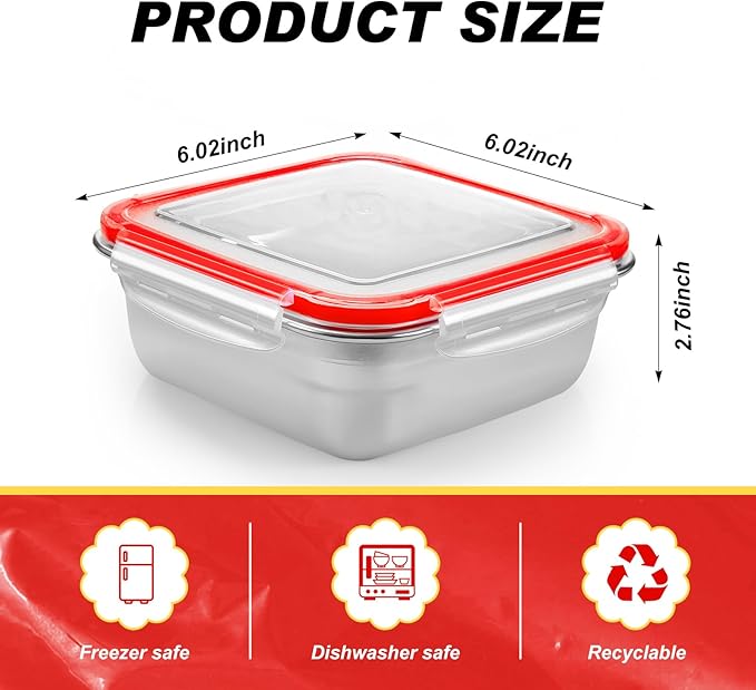 4 Pack Stainless Steel Sandwich Containers with Lids 25.4 oz Metal Food Container for Lunch Boxes with Airtight Silicone Seal for Sandwiches and Snacks(Red)