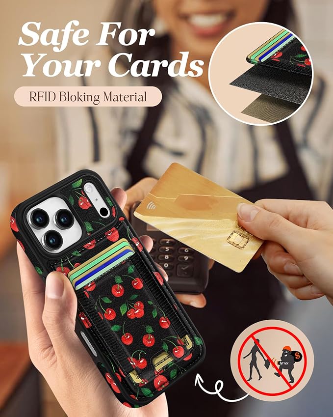 Shorogyt for iPhone 17 Pro Case Wallet - Fits 5 Cards, Compatible with Magsafe Detachable Magnetic Credit Card Holder Leather Cardholder Cute Phone Cover Women Girls for Apple 17Pro, Cherry