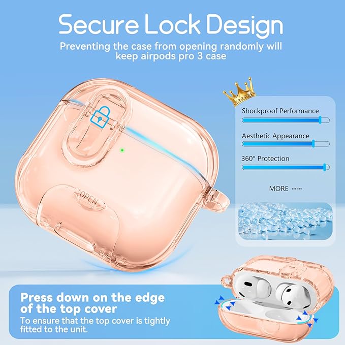 Clear Case for AirPods Pro 3 Case Cover with Safety Lock,Soft TPU Cover with Phone Stand & Cleaning Kit,Cute Bling Keychain for Women Girls-Desert Gold