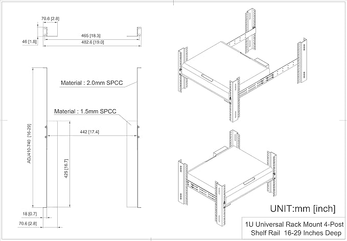 1U Universal Rack Mount Rails- 4-Post Server Rack Shelf Rail 16-29 inches Adjustable Depth for APC HP IBM DELL Compaq