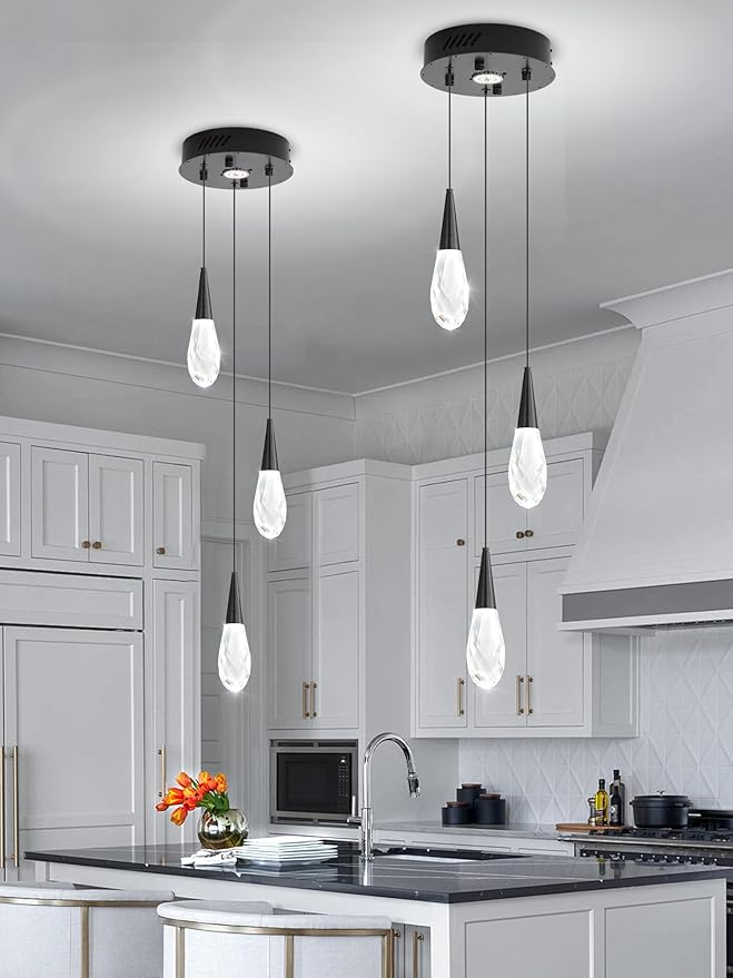 3-Lights Crystal Pendant Light Kitchen Islan Black Hanging Chandelier Teardrop Crystal Pendant Light Fixture for Dining Room, Living Room,Kitchen lsland, Foyer