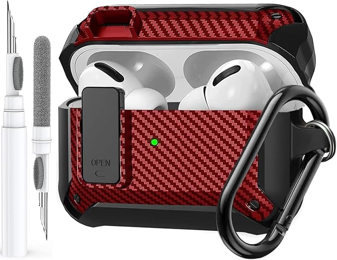 for Airpods Pro 3 Case with Lock Clip, Rugged Apple Airpods Pro 3rd Generation Cover 2025 Men Women, Armor Shockproof iPod Pro3 Gen Protective Hard Shell with Carabiner&Cleaner kit,CF Black/Red