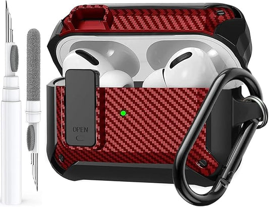 for Airpods Pro 3 Case with Lock Clip, Rugged Apple Airpods Pro 3rd Generation Cover 2025 Men Women, Armor Shockproof iPod Pro3 Gen Protective Hard Shell with Carabiner&Cleaner kit,CF Black/Red