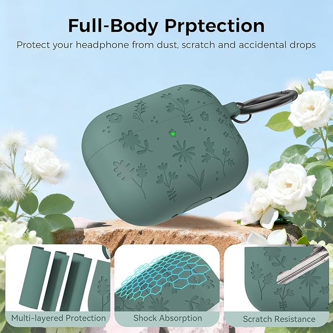 AhaStyle AirPods Pro 3 Case Cover (2025) Flower Engraved Cute Silicone AirPods Pro 3rd Generation Case Full Body Shockproof Cover Skin for Apple AirPods Pro 3rd Gen with Cleaning Kit for Women Girls