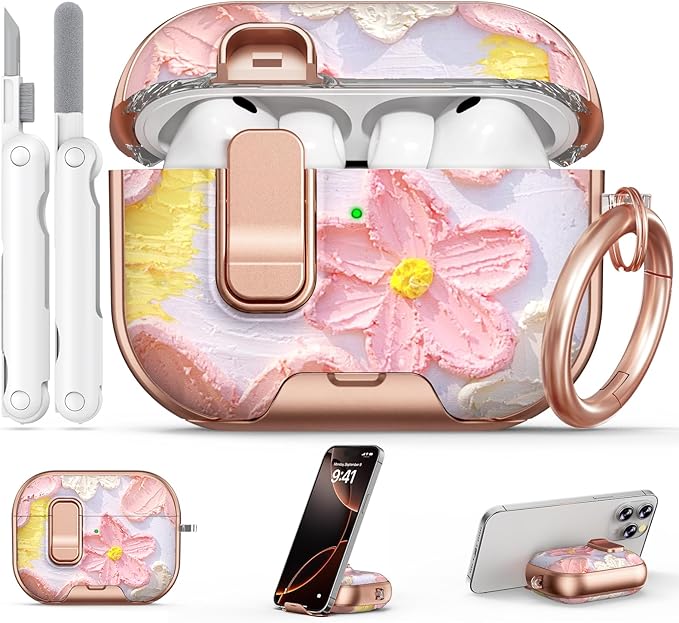 for AirPod Pro 3 Case 2025, with Safty Lock & Phone Stand for Pink AirPod Pro 3 Generation Case Cover for Women Girly, iPod Pro 3 Cases with Keychain & Cleaner Kit - Oil Painting Flower