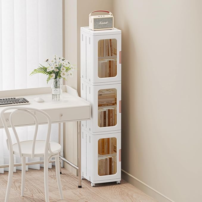 Narrow Storage Cabinet with Doors and Shelves Tall Skinny Bathroom Storage Kitchen Cabinet with Adjustable Shelf Cabinet Organizer Toilet Paper Linen Closet 3 Layer (White)