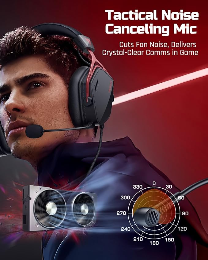 NUBWO HG03 USB-A Gaming Headset with 7.1 Surround and FPS Sound, Wired Headphones with Noise Canceling Mic, Comfortable Design for PC, Laptop - Black Red