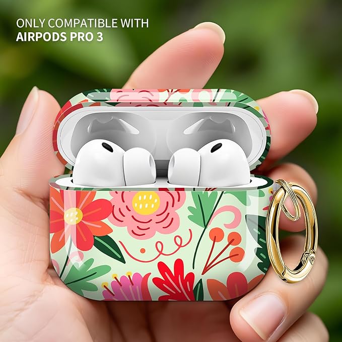 Cute Hard Case Compatible with AirPods Pro 3rd Generation Case (2025), Shockproof Protective Cover with Golden Keychain Ring Clip (Cartoon Flower)