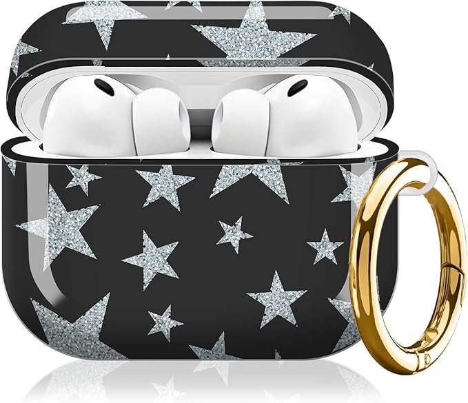 Compatible with AirPod Pro 3 (2025),Cute Case Cover for Women & Men, Full Protection Shockproof Hard Case with Keychain, Wireless Charging Case Accessories(White Stars)