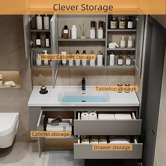 56IN Suspended Bathroom Cabinet Combo Set - Fully Functional LED Mirror with Smart Defogging & Time Display | Bathroom Vanity with Sink,Side Cabinet Storage Compartment (Style A)