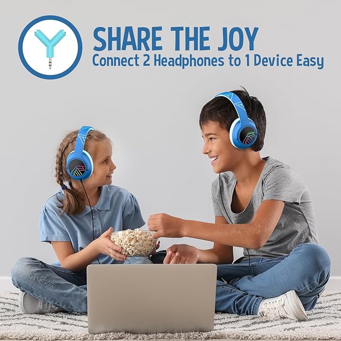 PowerLocus Kids Wireless Headphones, Bluetooth Kids Headphones LED Lights Over Ear with 74/85/94dB Volume Limited, 45H Playtime,Built-in Mic, Two Device Share Mode, HD Stereo for Travel/PC/Tablet