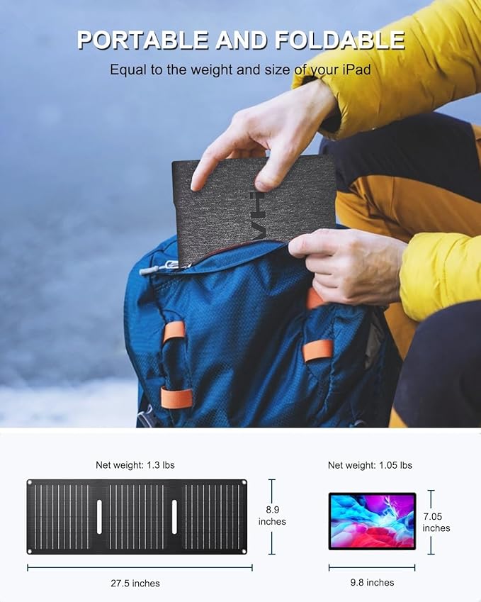 21W Portable Solar Panel, Foldable Solar Panel Charger(5V/3A), IP67 Waterproof for Camping, Hiking, Backpacking, Ultra-Fast Solar Phone Charger with Dual USB Ports for iPhone, iPad, Power Bank
