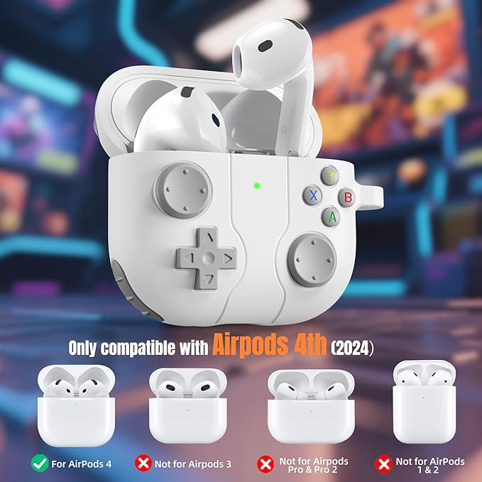 for AirPods 4 2024 Case Cover with Cleaner Kit, Keychain, Compatible with Apple Airpods 4 Case Cover, Cute Funny Game Console Shock-Proof Protective Silicone AirPod 4 Case Covers for Men Boy-White