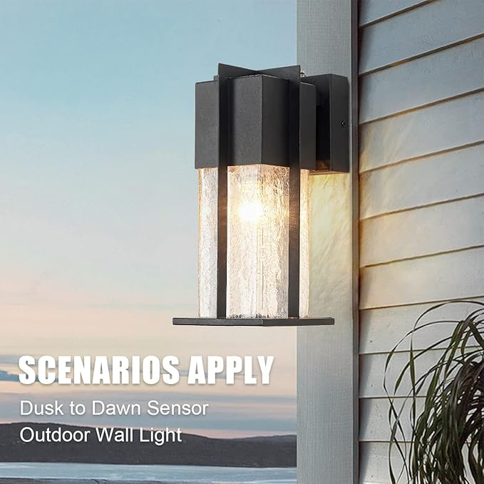 Dusk to Dawn Wall Light, Modern Outdoor Wall Lighting with Crackle Glass, Exterior Wall Mount Light Fixture with Sensor, Outdoor Lights for House, Garage, Front Door Light, Black