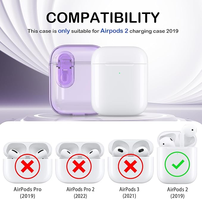 for Airpods 2nd Generation Case Cover with Secure Lock, Clear Soft TPU Transparent Military Grade Shockproof Protective Case with Cleaning Pen for Apple Airpods 2nd 2019, Clear Purple