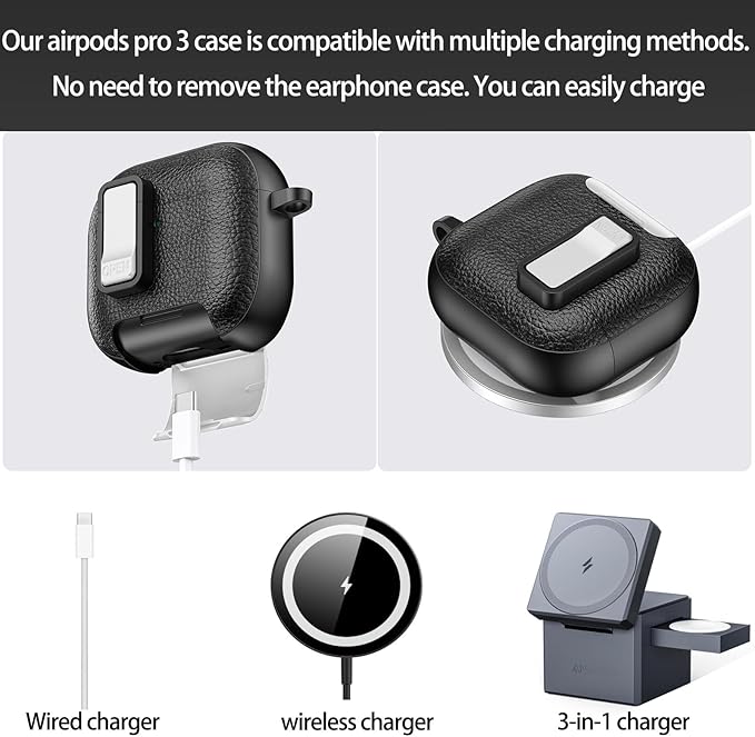 for Leather AirPods Pro 3 Case 2025| Cute Air Pods Pro 3 Case with Lock(Model A2700/A2931) | with Phone Holder & Keychain | Airpods 3 Pro Cases for Man Women(WhiteBlack)