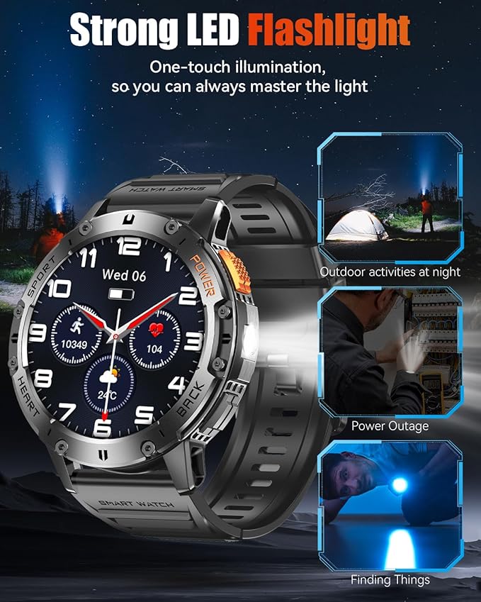 Military Smart Watches for Men with Bluetooth Call, 1.43" AMOLED Waterproof Smartwatch with Flashlight, 111 Sport Modes, 530mAh Heart Rate/Sleep Monitor for Android iOS