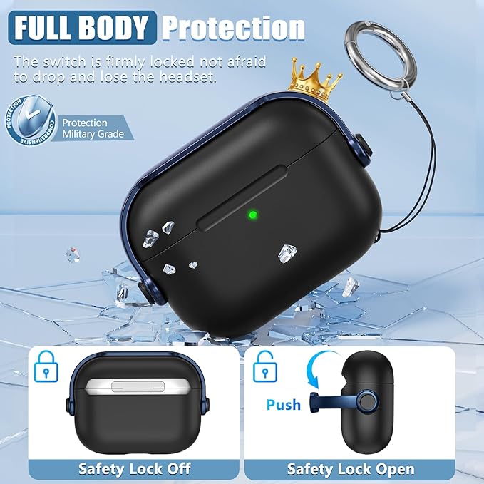 for Airpods Pro 3 Case,Safety Lock Cases for Apple Airpod Pro 3 (2025) with Cleaner Kit, Drop Protection Air pods Pro3 Case Cover for Men for Women with Keychain,Black+Blue