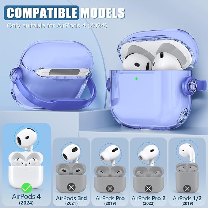 Safety Lock for Airpods 4 Case,TPU Clear Case for Apple Airpods 4 Case 2024 USB-C with Cleaner Kit, Drop Protection Airpods 4 Case Cover for Men for Women with Lock and Keychain, Clear Blue