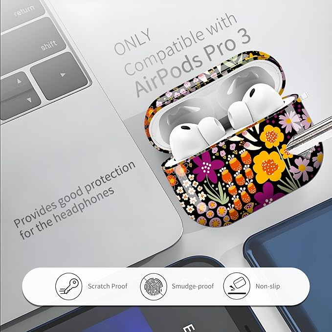 AirPod Pro 3 (2025) Case Cover for Women, Cute Shockproof TPU Protective Case with Gold Round Buckle, Anti-Drop Design Boho Flower