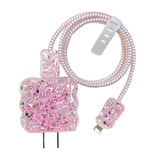 Glitter Cable Protector for iPhone Charger Decoration with Cute Waves Edge Design,Luxury Shiny Data Line Cable USB Wire Saver Charger Protector,for iPhone Charger Cover for Women Girl -Pink