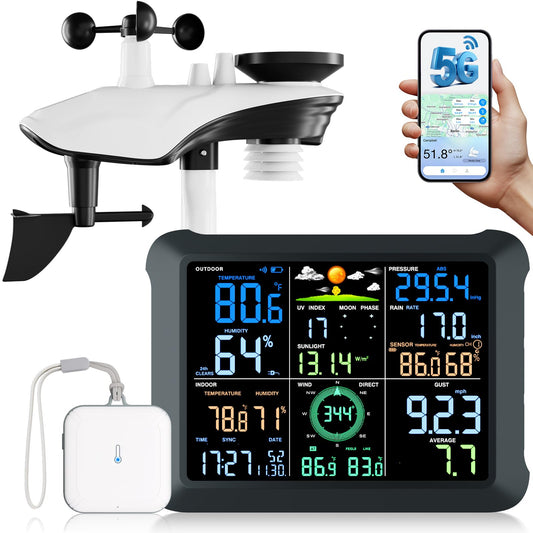 Sainlogic 5G/2.4G WiFi Smart Weather Station with 24/7 AI Weather Forecast, Wireless Indoor Outdoor Weather Station with Extra Sensor, Rain Gauge, Wind Speed, UV, App Alerts, Weather Underground